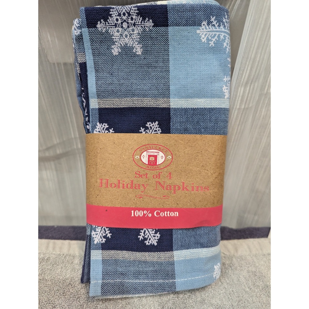 Nantucket Home Set of 4 Holiday Napkins Blue Plaid Snowflake 100% Cotton 17"x17"